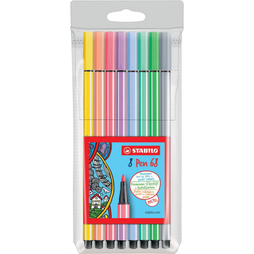 STABILO Pen 68 PastelParade viltstift, etui van 8 stuks in geassorteerde kleuren