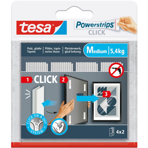 Tesa Powerstrips Click medium, draagkracht 1 kg, blister van 2 x 4 stuks