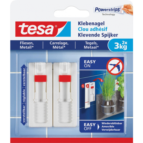 Tesa Klevende Spijker voor Tegels en Metaal, verstelbaar, draagvermogen 3 kg, blister van 2 stuks