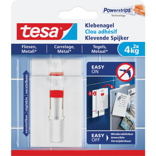 Tesa Klevende Spijker voor Tegels en Metaal, verstelbaar, draagvermogen 4 kg, blister van 2 stuks