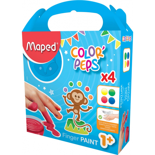 Maped vingerverf Color'Peps Early Age, doos van 4 potjes van 80 ml in geassorteerde kleuren