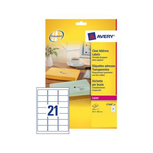Etiket Avery L7560-25 63.5x38.1mm transparant 525stuks