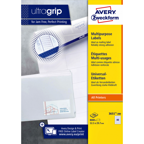 Etiket Avery Zweck 3651-200 52.5x29.7mm 8000st