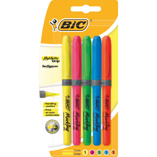 Bic markeerstift Highlighter Grip, blister van 5 stuks in geassorteerde kleuren