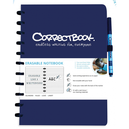 Correctbook A4 Original: uitwisbaar / herbruikbaar notitieboek, gelijnd, Midnight Blue (marineblauw)