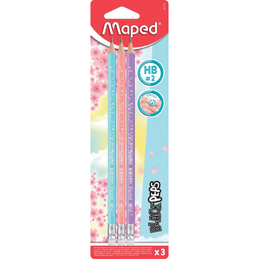 Maped potlood Black'Peps Pastel, met gum, blister met 3 stuks