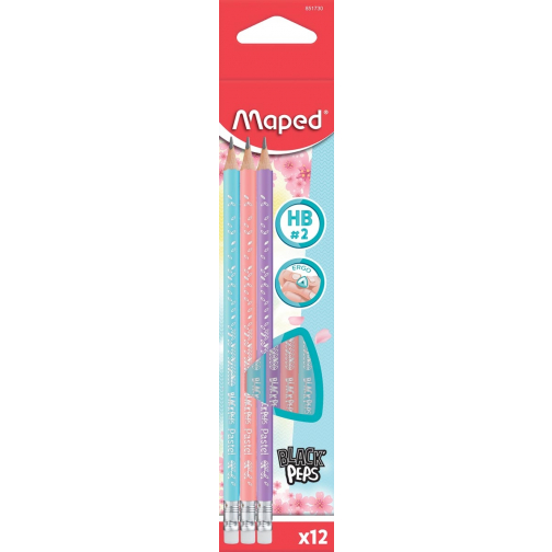 Maped potlood Black'Peps Pastel, met gum, kartonnen ophangetui met 12 stuks