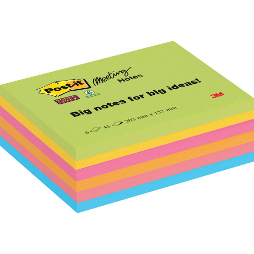 Post-it Super Sticky Meeting notes, 45 vel, ft 203 x 153 mm, geassorteerde kleuren, pak van 6 blokken