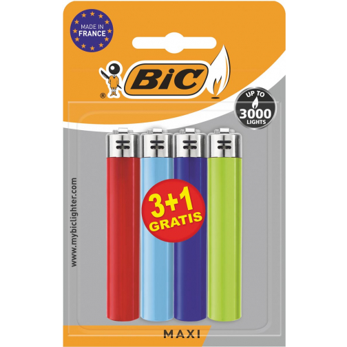 BIC Maxi vuursteen aanstekers, geassorteerde kleuren, blister van 3 + 1 gratis