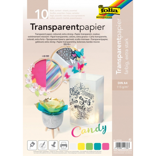 Folia transparant papier, pak van 10 vel in 5 geassorteerde kleuren