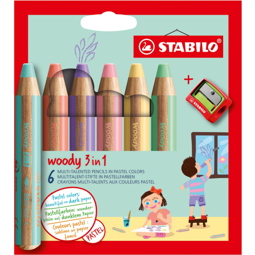 STABILO woody 3in1 kleurpotlood, etui van 6 stuks in pastel kleuren