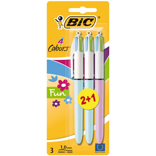 Bic 4 Colours Fun, balpen, 0,32 mm, 4 pastel inktkleuren, blister van 2+1 gratis