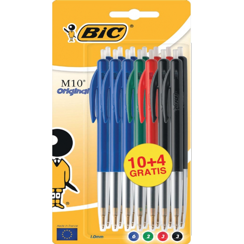 Bic balpen M10 Clic, 0,4 mm, medium punt, geassorteerde kleuren, blister 10 stuks + 4 gratis