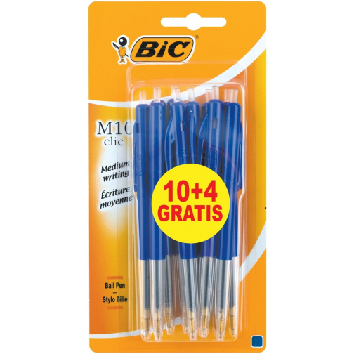 Bic balpen M10 Clic, 0,4 mm, medium punt, bleu, blister 10 stuks + 4 gratis