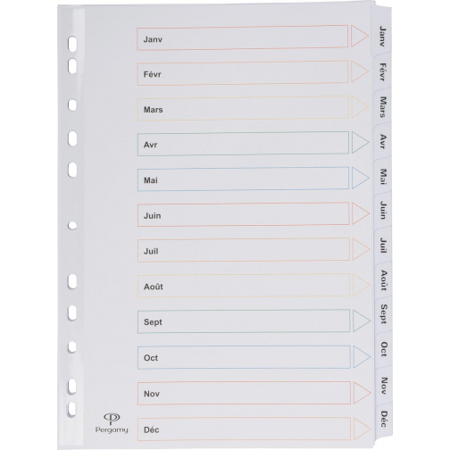 Pergamy tabbladen met indexblad, ft A4, 11-gaatsperforatie, janvier-décembre