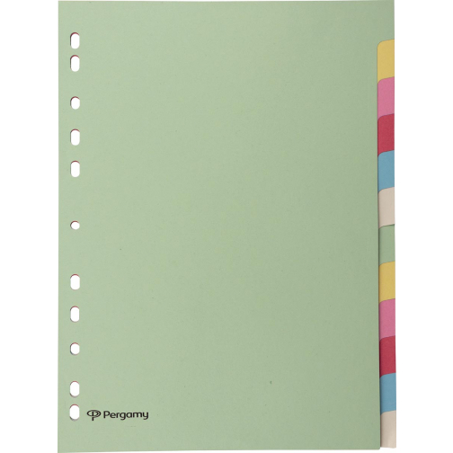 Pergamy tabbladen ft A4, 11-gaatsperforatie, karton, geassorteerde pastelkleuren, 12 tabs