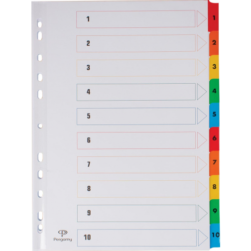 Pergamy tabbladen met indexblad, ft A4, 11-gaatsperforatie, geassorteerde kleuren, set 1-10