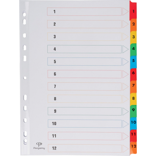 Pergamy tabbladen met indexblad, ft A4, 11-gaatsperforatie, geassorteerde kleuren, set 1-12