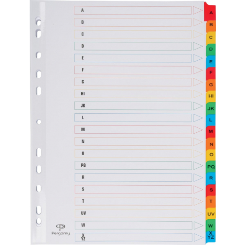 Pergamy tabbladen met indexblad, ft A4, 11-gaatsperforatie, geassorteerde kleuren, A-Z 20 met tabs