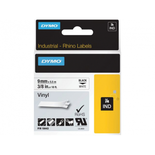 Labeltape Dymo Rhino 18443 vinyl 9mm x5.5m zwart op wit