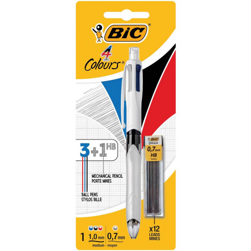 Bic 4 Colours 3 + 1 HB, balpen, 0,32 mm, 3 klassieke inktkleuren en een vulpotlood 0,7 mm HB, op blister