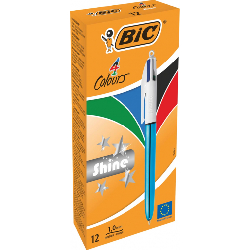 Bic 4 Colours Shine, balpen, 0,32mm, 4 klassieke inktkleuren, lichaam metallic blauw