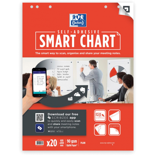 Oxford flipchartblok Smart Chart, zelfklevend, ft 60 x 80 cm, blanco, pak van 20 vel