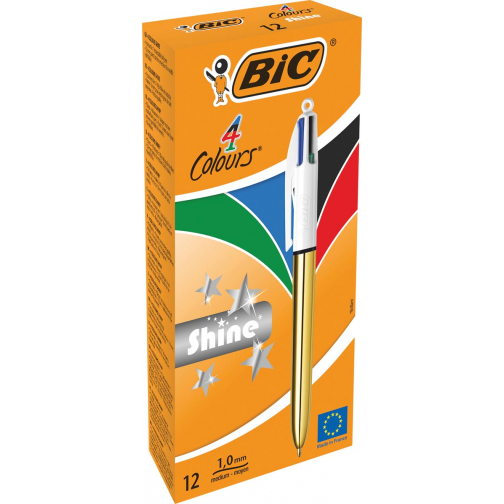 Bic Colours Shine 4-kleurenbalpen, medium, klassieke inktkleuren, lichaam goud