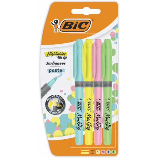 Bic markeerstift Highlighter Grip Pastel, blister van 4 stuks in geassorteerde kleuren