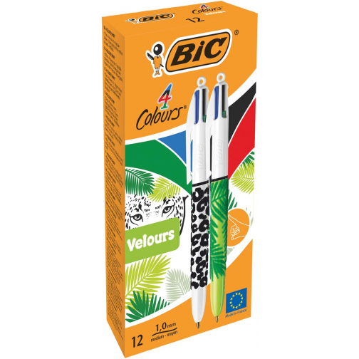 Bic 4 Colours Velours, balpen, 0,32 mm, 4 klassieke inktkleuren, doos van 12 stuks