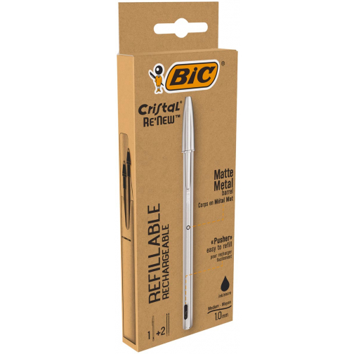 Bic balpen Cristal Re-new, zilveren lichaam, zwarte inkt, doos met 1 stuk en 2 navullingen