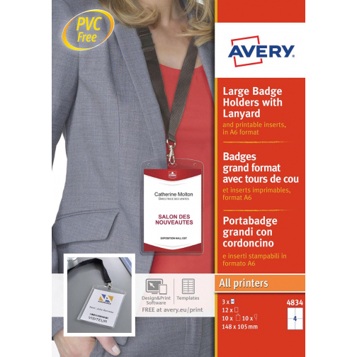 Avery grote badge met lanyard zwart, inclusief inserts, doos van 10 stuks