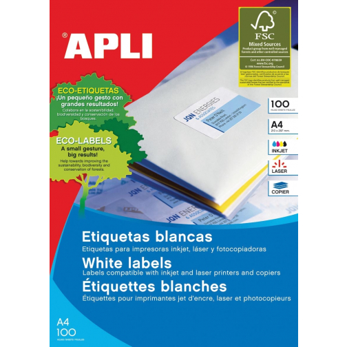 Apli witte etiketten Ft 210 x 148 mm (b x h), 200 stuks, 2 per blad (1264)