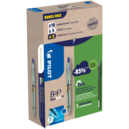 Pilot Ecoball B2P BeGreen balpen, medium punt, 0,3 mm 10 stuks + 10 vullingen, blauw