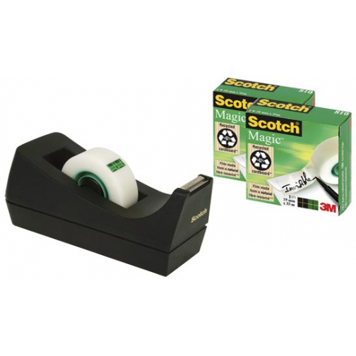 Scotch plakbandafroller C38 zwart, inclusief 3 rolletjes (19 x 33 mm)