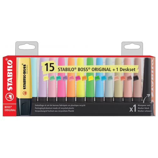 STABILO BOSS markeerstift pastel en natuur, geassorteerde kleuren met zwart, deskset van 15 stuks