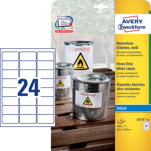 Avery Zweckform J4773-10 weerbestendige etiketten ft 63,5 x 33,9 mm (b x h), 2.400 etiketten, wit