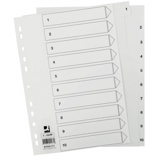 Q-CONNECT tabbladen, A4, PP, 11-gaatsperforatie,met indexblad, set van 1-10, wit