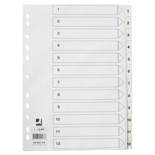 Q-CONNECT tabbladen, A4, PP, 11-gaatsperforatie, met indexblad, set van 1-12, wit