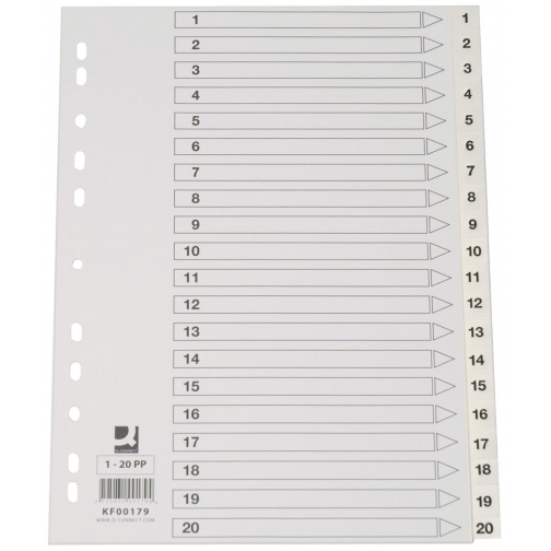 Q-CONNECT tabbladen, A4, PP, 11-gaatsperforatie, met indexblad, set van 1-20, wit