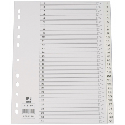 Q-CONNECT tabbladen, A4, PP, 11-gaatsperforatie, met indexblad, set van 1-31, wit