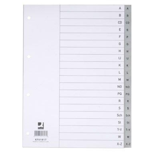 Q-CONNECT tabbladen, A4, PP, 4-gaatsperforatie, met indexblad, set van A-Z, 20 tabs, grijs