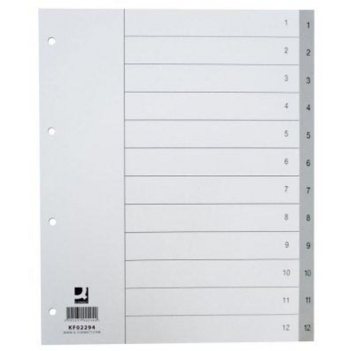 Q-CONNECT tabbladen, A4, PP, 11-gaatsperforatie, met indexblad, set van 1-12, 12 tabs, grijs