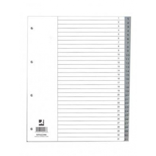 Q-CONNECT tabbladen, A4, PP, 11-gaatspeforatie, met indexblad, set van 1-31, 31 tabs, grijs