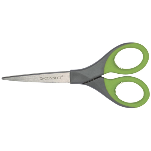 Q-CONNECT schaar Premium, ft 17 cm, rechts en links, scherpe punt, RVS, grijs/groen, blister van 1 stuk