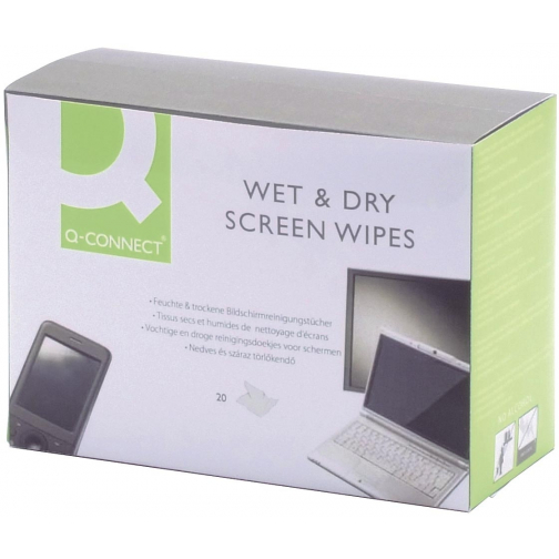 Q-CONNECT Wet & Dry beeldschermreinigingsdoekjes, doos van 20 paar (1 Wet en 1 Dry)