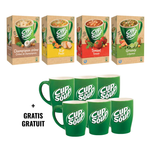 Actie Cup a Soup 1x champignon crouton, 1x kip, 1x tomaat crouton, 1x groenten crouton + GRATIS mokken