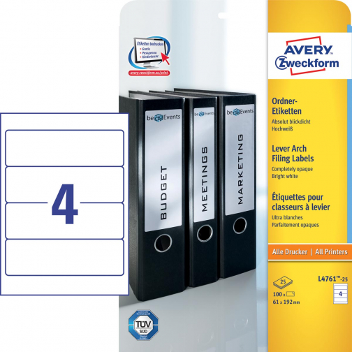 Avery Zweckform L4761-25 ordnerrugetiketten ft 19,2 x 6,1 cm (b x h), 100 etiketten, wit