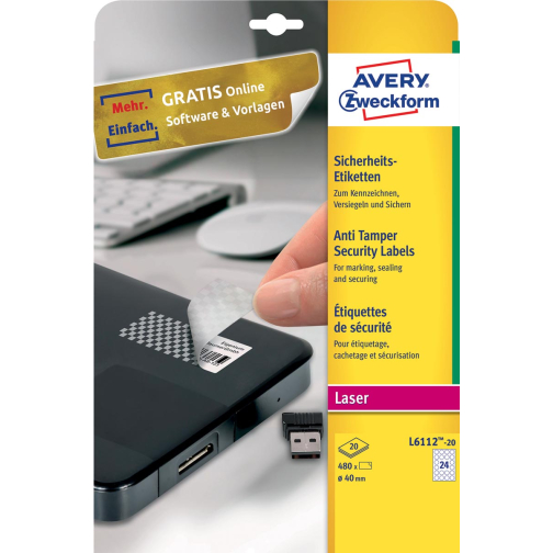 Avery bestendige ronde veiligheidsetiketten, 40 mm diameter, 480 stuks, 24 per vel, doos van 20 vel