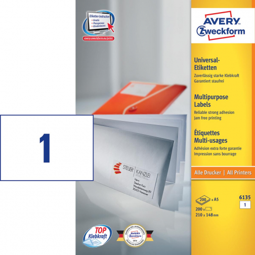 Avery universele A5 etiketten Ft 210 x 148 mm (b x h), wit, doos van 200 etiketten